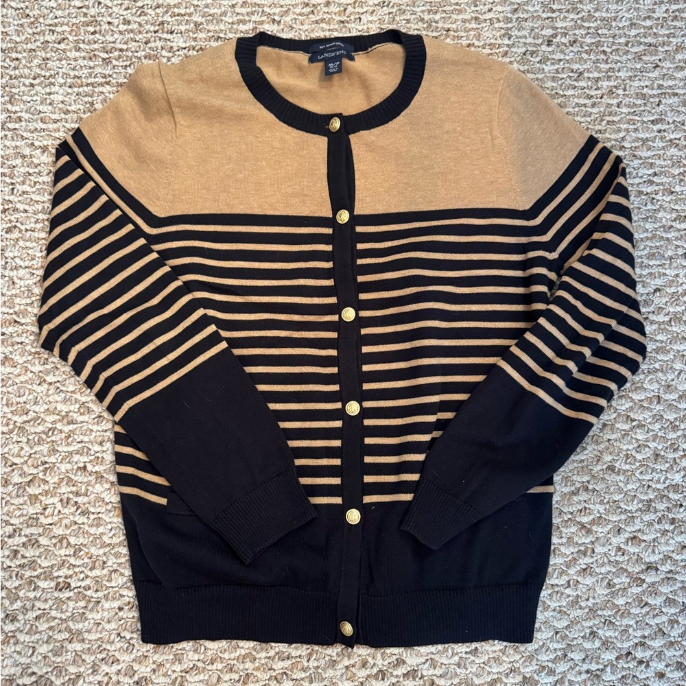 Land’s End | 100% Supima Cotton | Black and Tan Striped Cardigan | Size M